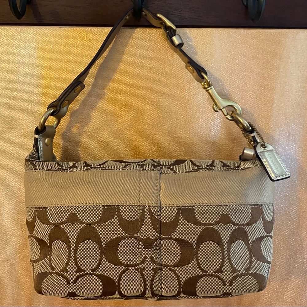Coach Gold Signature Stripe jaquard and leather top handle mini handbag